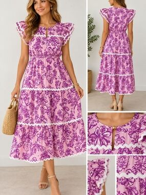NWT STS Sail to Sable Floral Ric Rac Tiered Midi Dress Pink Purple XL